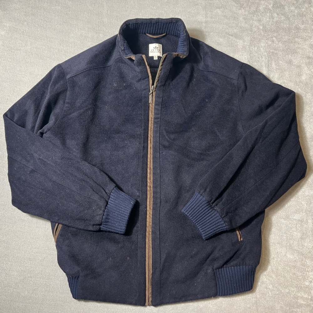 Peter Millar Wool Cashmere Bomber Jacket Navy Blue‎ Full Zip Mens XL Mock Neck